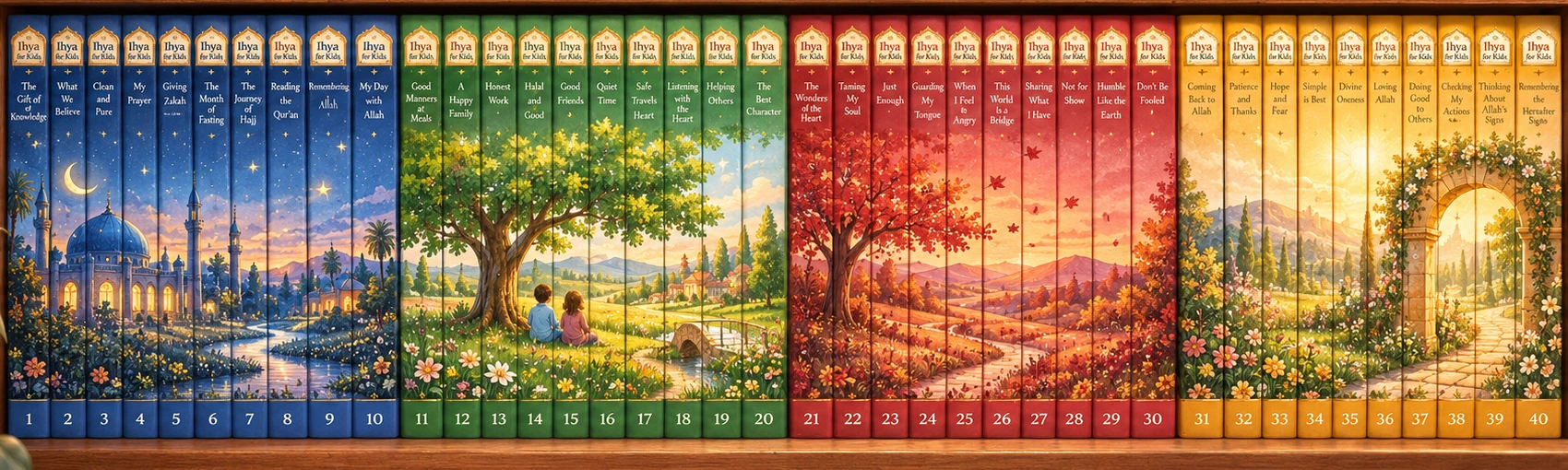 All forty Ihya for Kids books on one shelf: ten blue, ten green, ten red and ten gold spines.